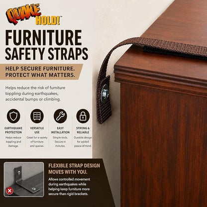 QuakeHOLD! Furniture Strap Kit, Antique Brown Anti Tip Wall Anchors, 15 Inch Nylon Safety Straps for Bookcases, Dressers, Cabinets, Shelves & Earthquake Preparedness