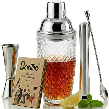 Barillio Glass Cocktail Shaker Set | 14 oz Cobbler Mixer with Bar Tools | Bartender Kit with Measuring Jigger, Mixing Spoon and Muddler | Gift Set