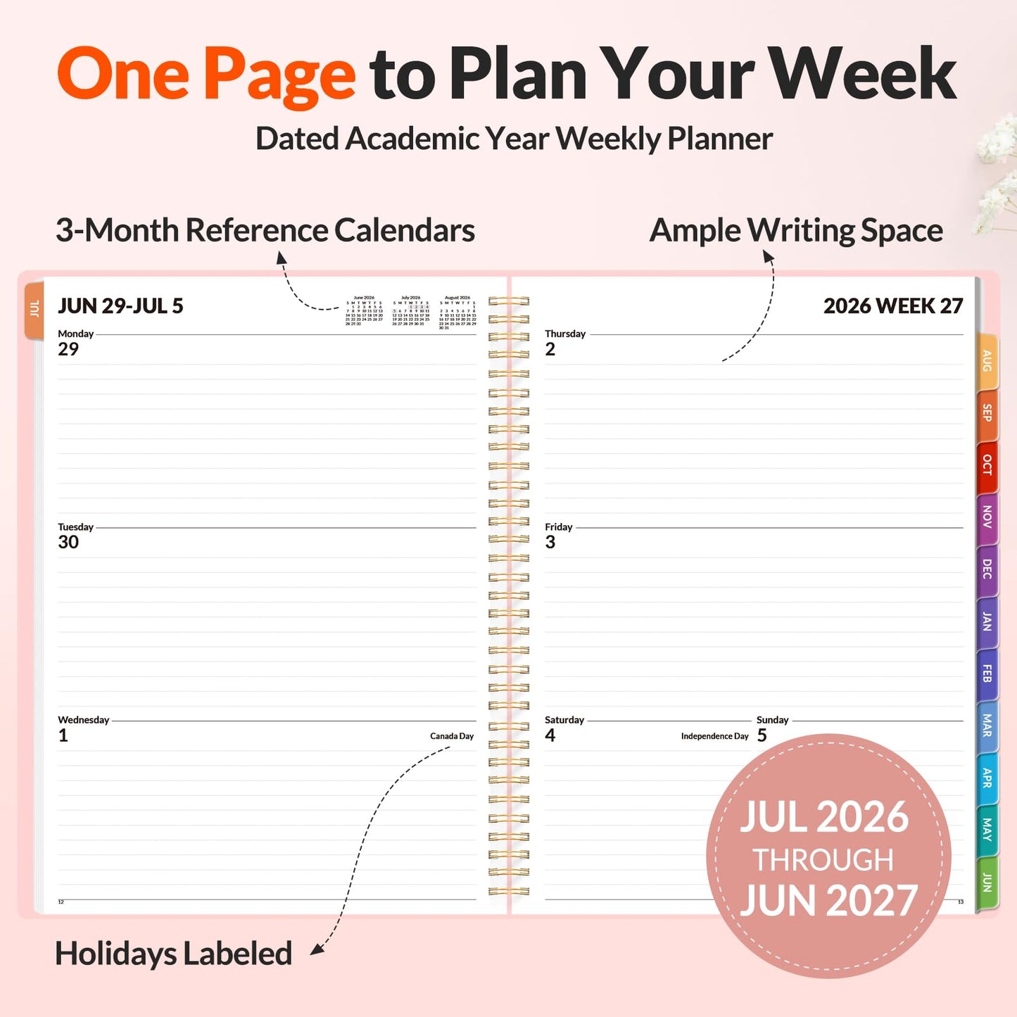 SUNEE Academic Planner 2026-2027 – Weekly & Monthly Planner, July 2026 to June 2027, 8.5"x11", Thick Paper, Tabs, Pockets, Bookmark, Spiral-Bound, Student Teacher Organizer, Pink