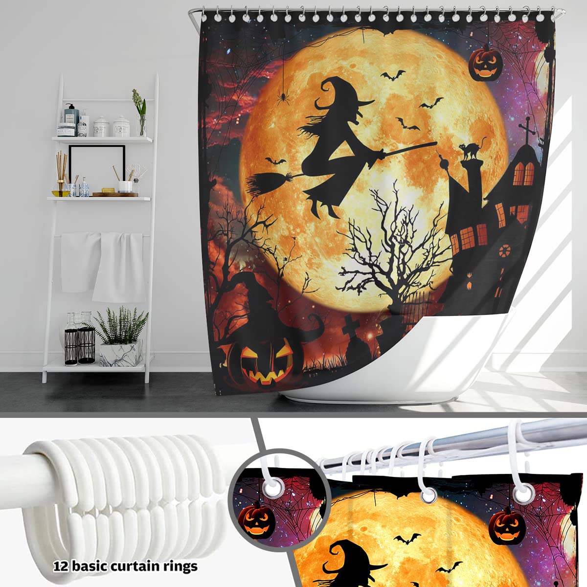 Mocsicka Halloween Shower Curtain Flying Witch Halloween Castle Bathroom Curtain Horror Orange Night Moon Polyester Fabric Shower Curtain Set 72x72 Inch with 12 Hooks