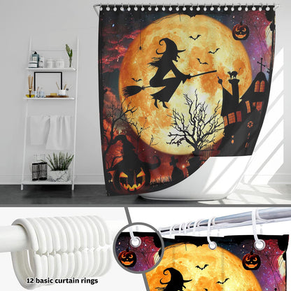 Mocsicka Halloween Shower Curtain Flying Witch Halloween Castle Bathroom Curtain Horror Orange Night Moon Polyester Fabric Shower Curtain Set 72x72 Inch with 12 Hooks