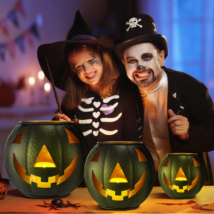 Kittmip 3 Pcs Halloween Metal Jack O Lanterns Pumpkin Set with LED Candles and Black Creepy Cloth Set of 3 Jack O Lantern Halloween Fall Outside or Inside Table Ornaments for Home Festival Party Decor
