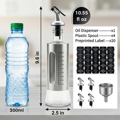 LIONTOTO Olive Oil Dispenser for Kitchen, 4 Pack 10oz/300 ML Cooking Oil and Vinegar Dispenser Set with 20 Labels Stainless Steel Funnel, Olive Oil Bottle, Soy Sauce Dispenser, Coffee Syrup Bottles