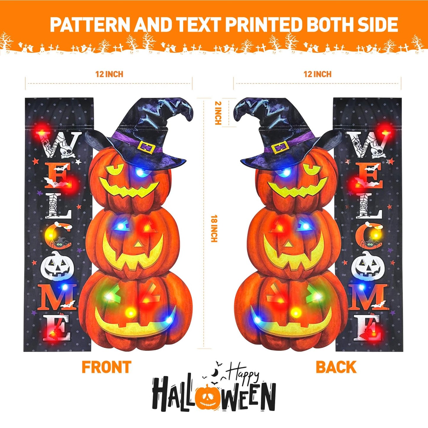 Vigor Home Halloween Lighted Garden Flag 12x18 Double Sided, Solar Outdoor Decor Yard Flags 8 Modes Led Jack-O-Lantern Welcome Halloween Pumpkins Decorations for Home Porch