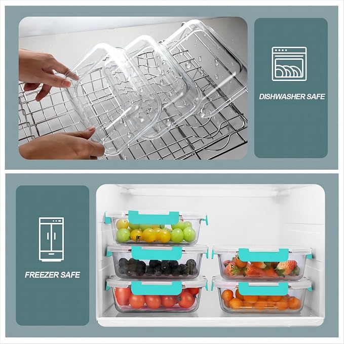 KOMUEE 30 oz 5 Pack Glass Meal Prep Containers, Glass Storage Containers with Lids - Dishwahser, Microwave, Oven and Freezer Safe, Green