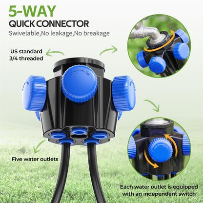 HIRALIY 100FT Garden Watering System, Automatic Drip Irrigation Kit with Adjustable Flow Nozzles, 5-Way Connector, Plastic Material, Modern Style, Ideal for Lawn, Patio, Garden, Raised Bed