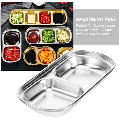 Hemoton 3Pcs Stainless Steel Seasoning Dishes,2 Grid Dipping Sauce Dishes Rectangle,Appetizer Plates,Dipping Sauce Bowl for Soy Vinegar BBQ-Chip and Condiments