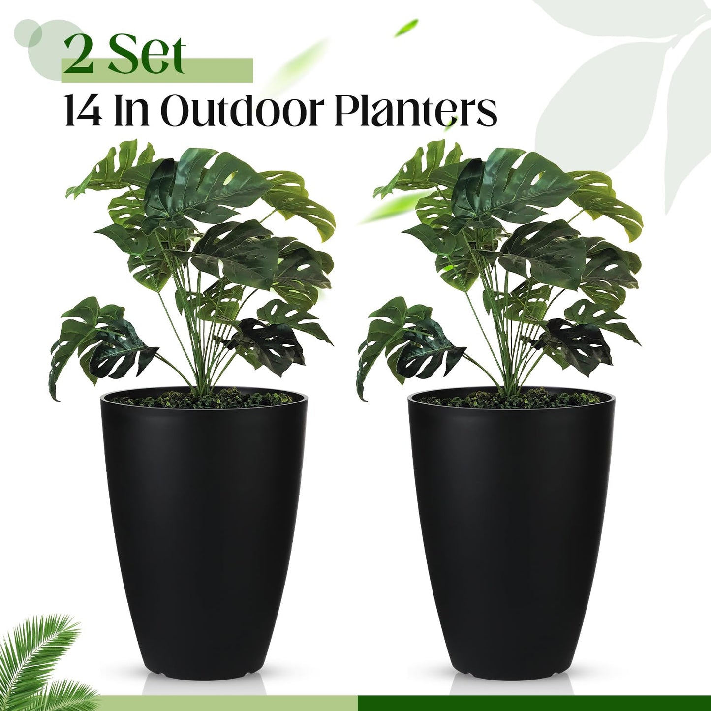 RimCereal 2 Pack 14 Inch Tall Planters for Outdoor Indoor Plants, Black Round Resin Plant Flower Pots with Drainage Hole for Front Porch Patio Garden Deck Living Room Decor