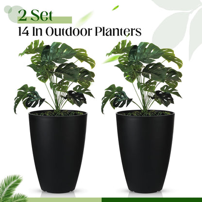 RimCereal 2 Pack 14 Inch Tall Planters for Outdoor Indoor Plants, Black Round Resin Plant Flower Pots with Drainage Hole for Front Porch Patio Garden Deck Living Room Decor