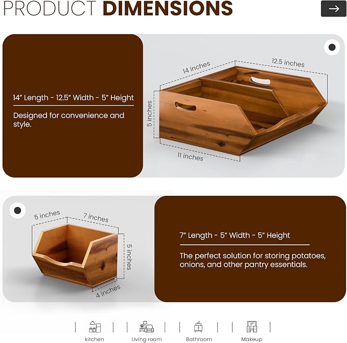 HOLANA Acacia Wood Potato and Onion Storage Bin, Potato Storage, Pantry Baskets, Vegetable Storage, Onion and Potato Storage Bins, Wooden Pantry Bins, Stackable Potato Bins (Patent Pending)
