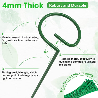Unves 16" Tall Plant Support Stakes, 12 Pack Garden Flower Plant Stakes Single Stem, Garden Plant Support Cages Rings for Amaryllis Orchid Peony Rose, with 100 Pcs Twist Ties