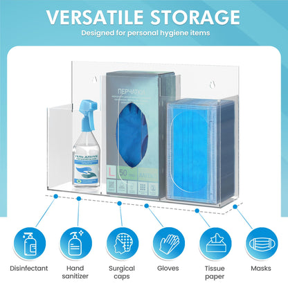 WAHFAY Acrylic Hygiene Dispenser Sanitation Station with Three Compartment, Gloves Masks Hairnets Box Holder, Wall Mount or Tabletop Clear Storage Containers