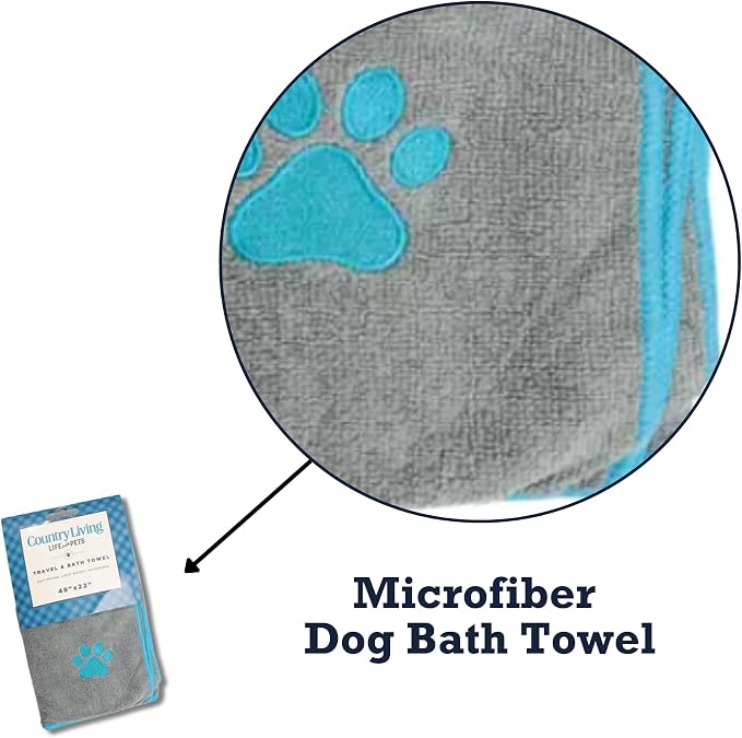 Country Living Large Gray and Teal Microfiber Dog Bath Towel - Quick-Drying, Absorbent, Durable, and Machine Washable, Embroidered Paw Print, 48" x 22" for All Dog Sizes