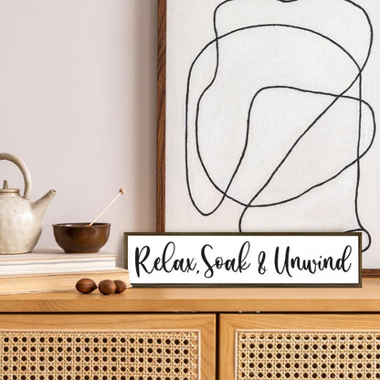 Relax, Soak & Unwind Sign, Farmhouse Bathroom Wall Decors, Spa Decor, BathRoom Sign with Wood Frame, Restroom Decor, Tiered Tray Sign, Wooden Box Sign Desk Décor, Bathroom Wall Decor Wood Framed