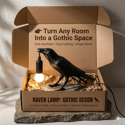 Shandaglo Raven Lamp Gothic Decor, Black Crow Table Lamp with LED Bulb, Unique Dark Aesthetic Night Light for Bedroom Desk, Halloween Home Decoration Gift