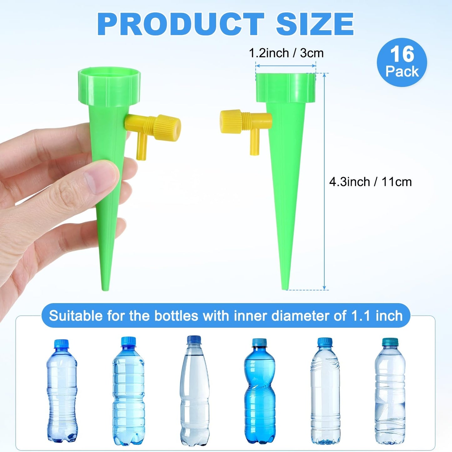 M METERXITY 16-Pack Self Watering Spikes for Plants, 4.3 Inch Plastic Plant Watering Devices with 16 Regulator for Indoor/Outdoor Pots, Garden Water Planter System [Green]