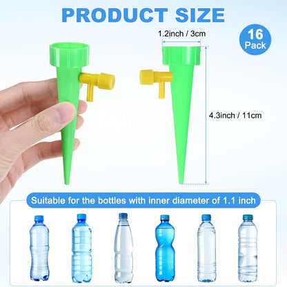 M METERXITY 16-Pack Self Watering Spikes for Plants, 4.3 Inch Plastic Plant Watering Devices with 16 Regulator for Indoor/Outdoor Pots, Garden Water Planter System [Green]
