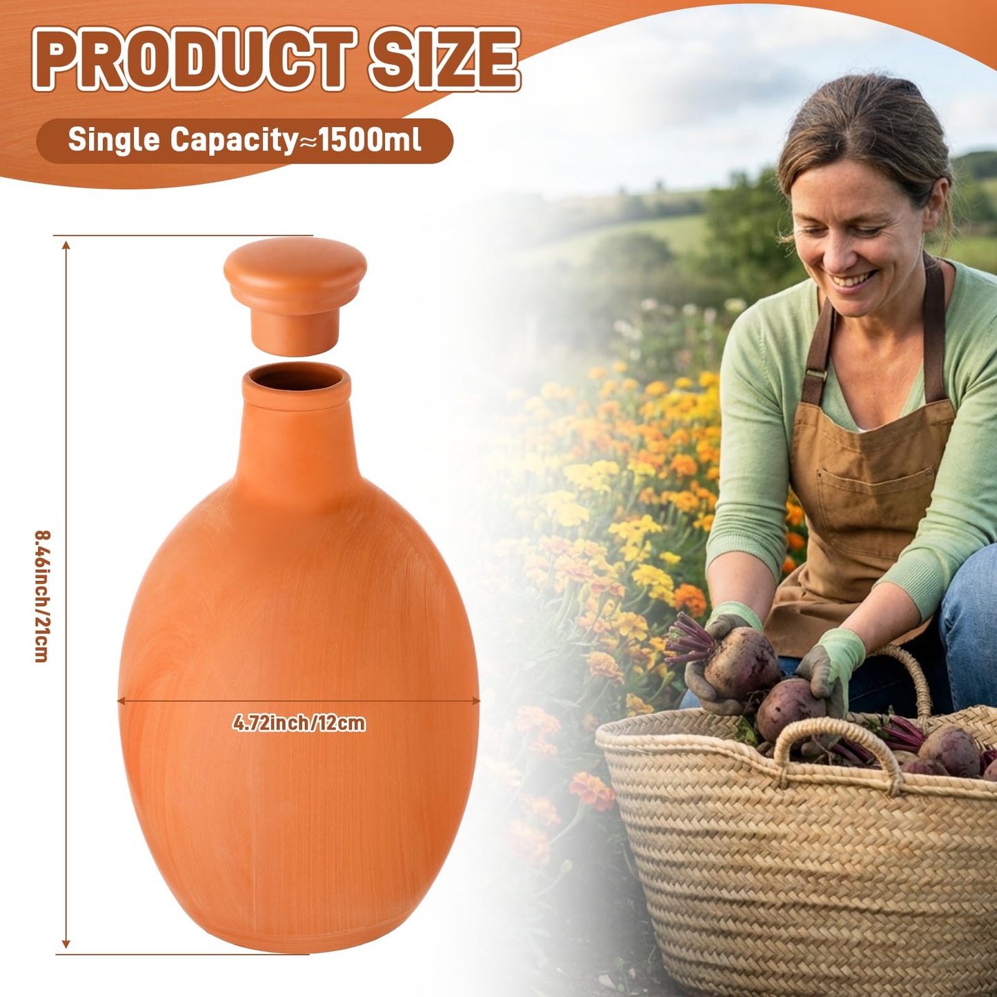 Ferrochef 2 Pcs Large Terracotta Watering Pots 50 oz Ollas Self-Watering Pots Terracotta Watering Globes with Lid Plant Irrigation System for Indoor Outdoor Plants Raised Beds Garden