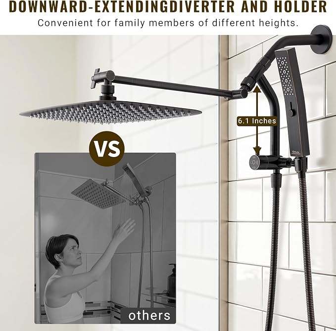 G-Promise All Metal 14 Inch Rain Shower Head with Massage Mode Handheld Spray Combo, 3-Way Diverter with Pause Setting, Full Body Coverage, Modern Bathroom Upgrade (Oil Rubbed Bronze)