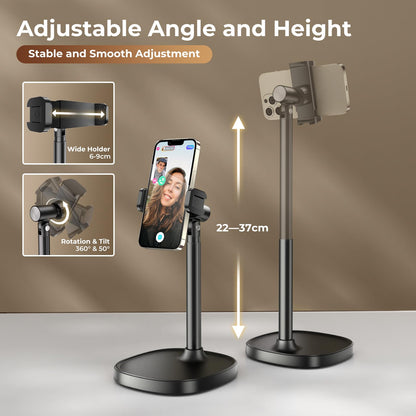 GMETAL Desktop Phone Stand, Adjustable Height & Angle Holder, Compatible with iPhone, Samsung, Android Smartphones - Night Black