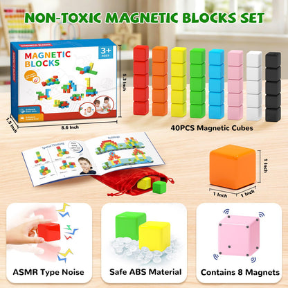 Hiwawind 40pcs Magnetic Blocks -Ideal Gifts for 3 4 5 6 Year Old,STEM Learning Toys for 3-5 Year Old Boys & Girls, Safe & Strong Building Blocks with ASMR Sounds,Classroom Must Haves