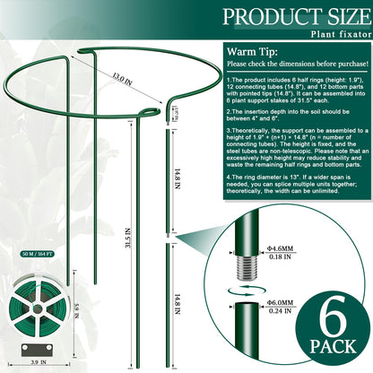 6-Pack 31.5” Plant Support Stakes, Steel Plant Cage & Peony Tomato Hydrangea Cage, Garden Stakes for Outdoor Plants, Heavy-Duty Plant Stakes, 16.7” Support + 14.8” Extension Tubes