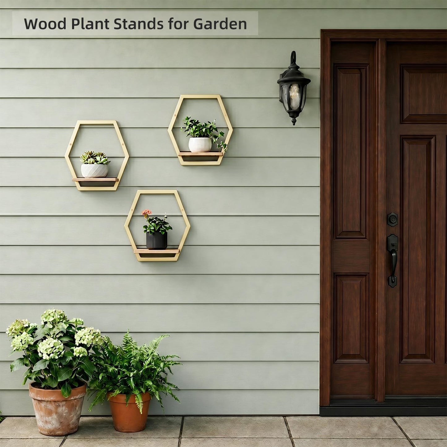 Rioneta 3 Pack Natural Wood & 25 LB Load Metal Wall Plant Holders, 9 inch Solid Wooden Shelf, Mid Century Hanging Planter for Indoor Plants Golden