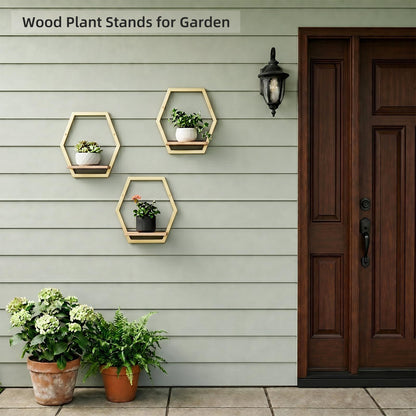 Rioneta 3 Pack Natural Wood & 25 LB Load Metal Wall Plant Holders, 9 inch Solid Wooden Shelf, Mid Century Hanging Planter for Indoor Plants Golden