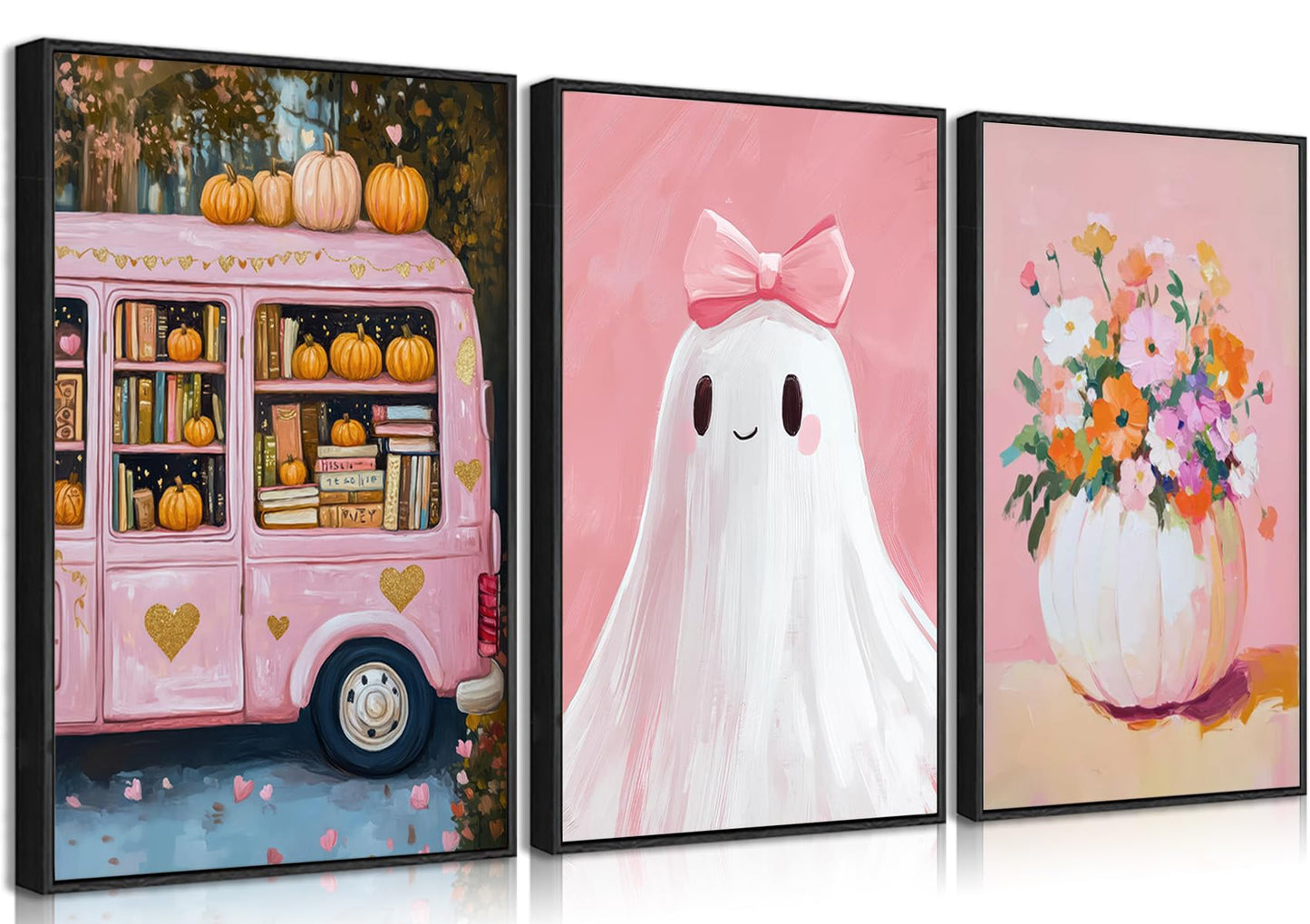 3Pcs Pink Halloween Wall Art Cute Bow Ghost Poster Prints Fall Harvest Pumpkin Flower Canvas Picture for Halloween Girls Room Dorm Nursery Playroom Wall Decor 16X24in Unframed
