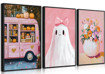 3Pcs Pink Halloween Wall Art Cute Bow Ghost Poster Prints Fall Harvest Pumpkin Flower Canvas Picture for Halloween Girls Room Dorm Nursery Playroom Wall Decor 16X24in Unframed