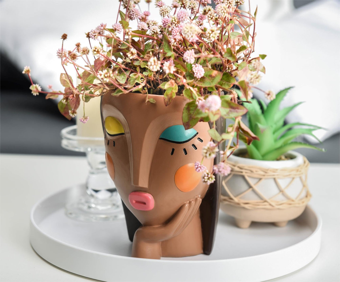 Saysmile Face Planter Pots for Indoor Plants, Resin Head Planter Succulent Planter Flower Planter Cute Girl Head Pots with Drainage Hole - Painted Thinking Girl Closed Eyes