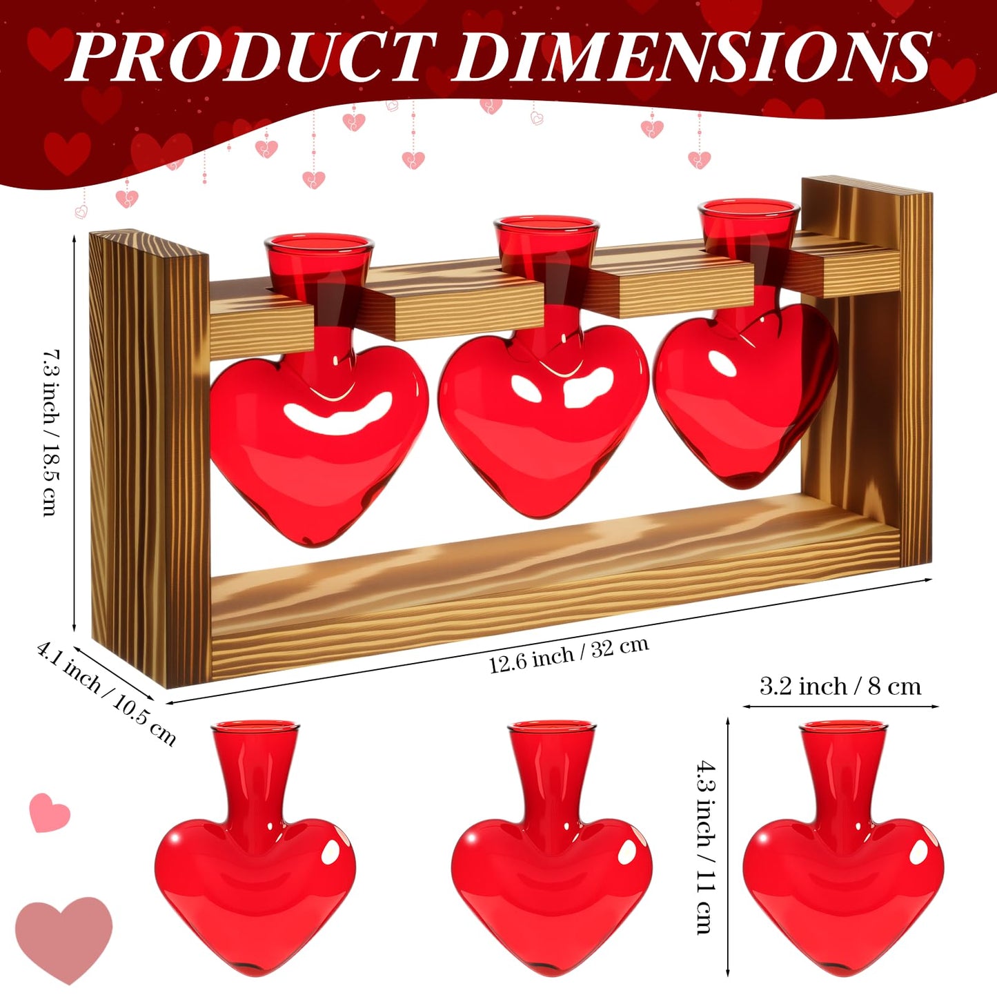 Remerry Red Heart Plant Terrarium with Wooden Stand 3 Heart Glass Vases Planter, Tabletop Propagation Hydroponics Station, Mother's Day Plant Lovers Gift