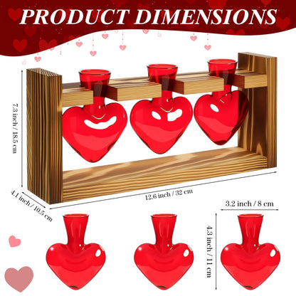 Remerry Red Heart Plant Terrarium with Wooden Stand 3 Heart Glass Vases Planter, Tabletop Propagation Hydroponics Station, Mother's Day Plant Lovers Gift