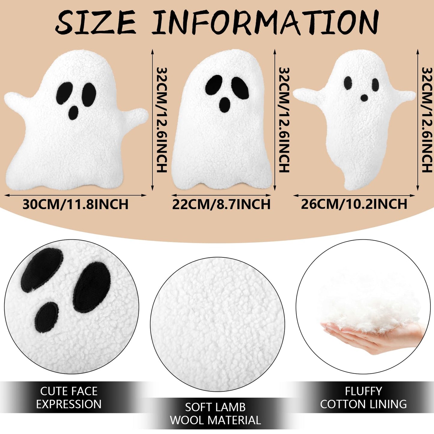 Soaoo 3 Pcs Halloween Pillows 12.6'' x 9.45'' Decorative Spooky Pillows for Sofa White Throw Pillows Decorative Plush Sofa Ghost Cushion for Indoors Home Outdoor Couch Kids