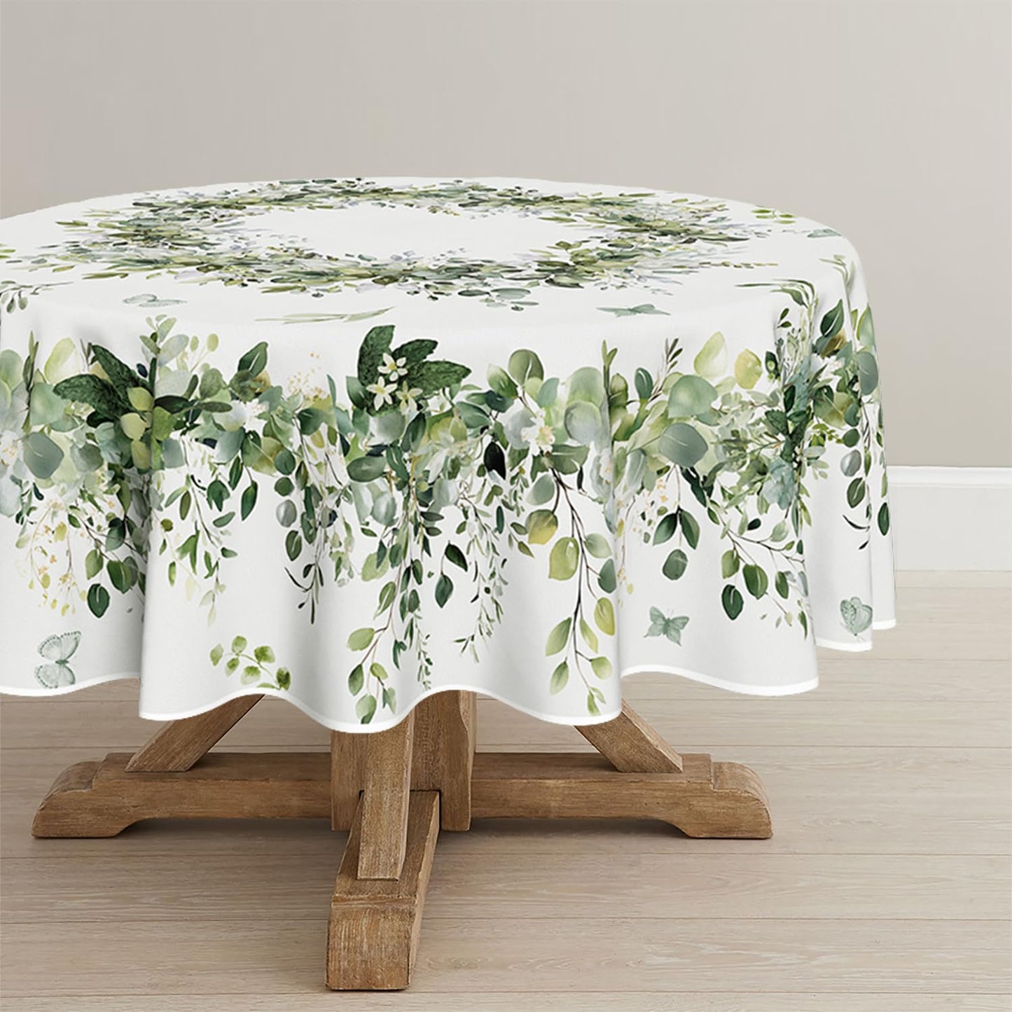 Horaldaily Spring Tablecloth 90×90 Inch Round, Green Eucalyptus Washable Seasonal Table Cover for Party Picnic Dinner Decor