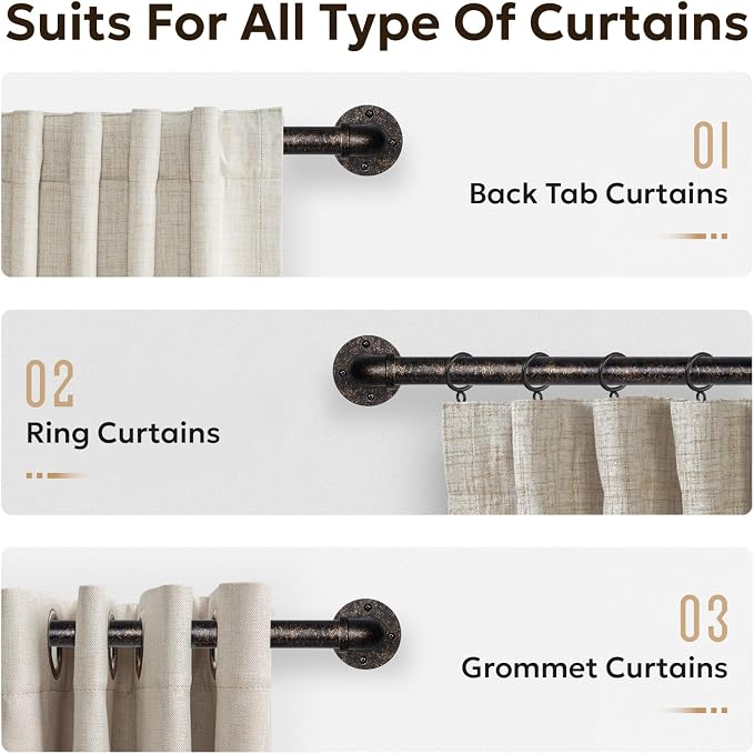 Zeerobee Curtain Rods for Windows 66 to 120, 1 Inch Industrial Wrap Around Vintage Bronze Curtain Rod, Indoor/Outdoor Room Divider Adjustable Drapery Pole, 66"-120"
