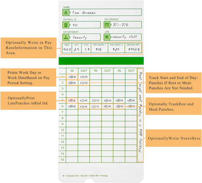 Zzrywuty All Pay Periods, 100 Count Time Cards for Hn3000, 2-Sided, 3 3/8" x 7 3/8", Green