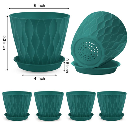 YNNICO 6 inch Plant Pots, 6 Pack Flower Pots Outdoor Indoor, Planters with Drainage Hole and Tray Saucer-Blue
