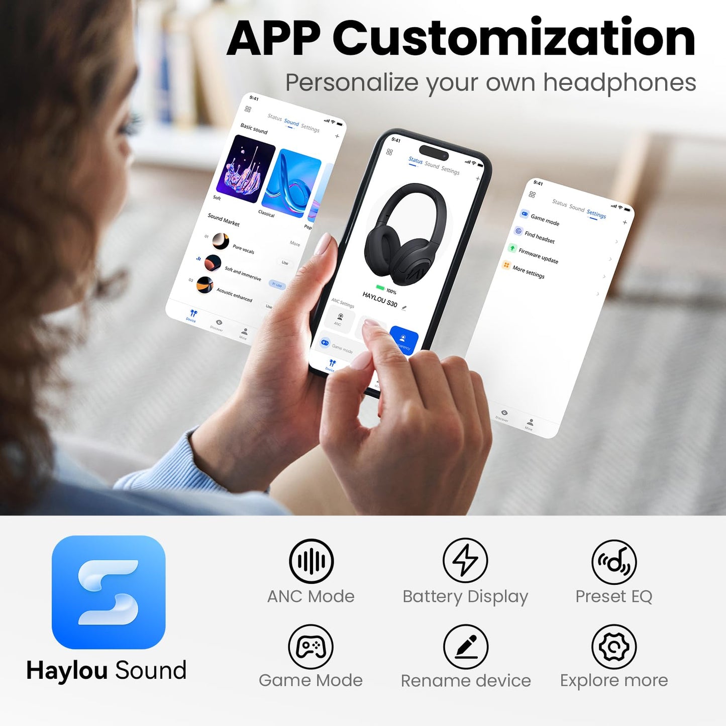 HAYLOU S30 Pro Noise Cancelling Bluetooth Headphones, LDAC Hi-Res Audio, 5 HD Mics Call, 80H Playtime, Custom EQ via App, Bluetooth 5.4 Multipoint Connect, Wireless Headphones Over Ear