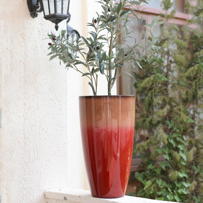 SE SUN-E Outdoor Planter 21" Tall Planters Gardening Pots with Insert Shelf Accessories Weather-Resistant Plastic Flower Pot Front Porch Decor, Tan to Burgundy Gradient