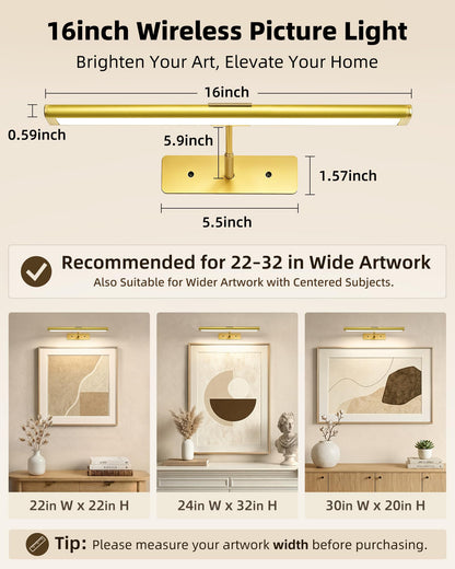 EZVALO Picture Light for Wall, 4800mAh Rechargeable Wireless Remote, 16in Dimmable Magnetic LED Art Display Light with 3 Color Temperatures, for Gallery, Living Room, Bedroom, Hallway (Gold)