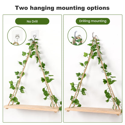 RICHER HOUSE Macrame Floating Shelves for Wall No Drilling, Boho Hanging Shelf with Artificial Ivy and LED Lights, Plant Wall Decor for Living Room Bedroom Dorm