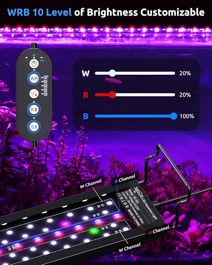 SEAOURA Aquarium LED Light for 12-18in Freshwater Tank, Full Spectrum Aquarium Light for Plant Growth, 6H/8H/12H Timer, WRB 3 Channel Customizable, 10 Brightness & 11 Colors, Adjustable Bracket