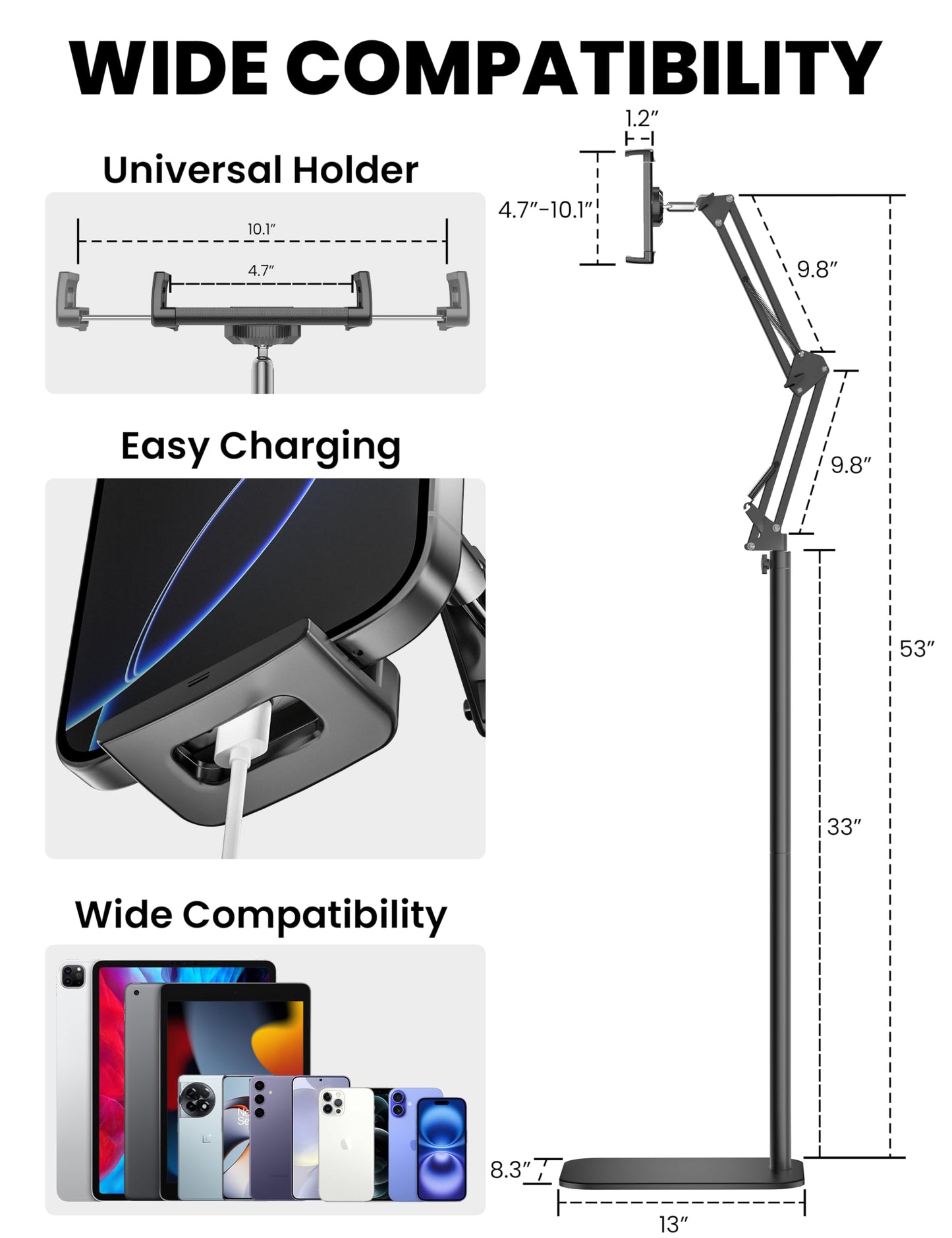Tablet Floor Stand, 360-Degree Rotatable Metal Tablet Holder Stand, Adjustable Height and Angle iPad Stand,Universal Tablet Holder for iPad/Phone/Kindle/Tabs/E-Readers and all 4.7~12.9” Screen Devices