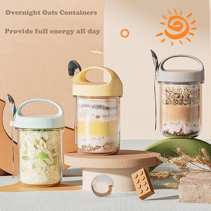 2Pack Overnight Oats Containers with Lids and Handle,14 oz Airtight Oatmeal Container,Mason Jars with Lid for Cereal,Milk,Fruit,Yogurt,On The Go Container,Salad Jars,Glass Jars (Grey)