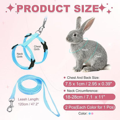 Rabbit Harness and Leash, Escape Proof Bunny Cat Leash Small Animal Harness Soft Adjustable Buckle(2Pcs, Pink/Sky Blue) for Bunny Kitten Cats Puppies Walking Hiking Training