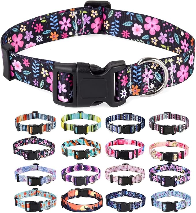 Mihqy Dog Collar with Bohemia Floral Tribal Geometric Patterns - Soft Ethnic Style Collar Adjustable for Small Medium Large Dogs(Floral,S)
