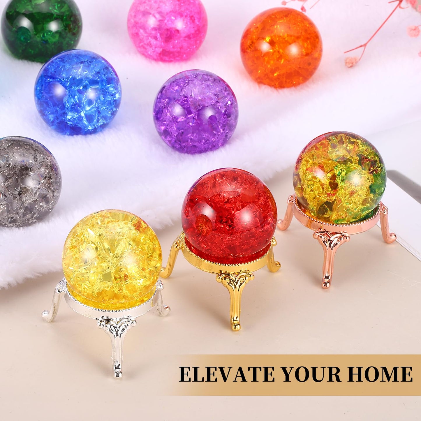 PATIKIL Crystal Ball 40mm, Ice Cracked Glass Ball with Metal Stand, Decorative Crystal Sphere Glass Paperweight for Home Wedding Office Party Table Decor Ornaments, Dark Blue/Gold