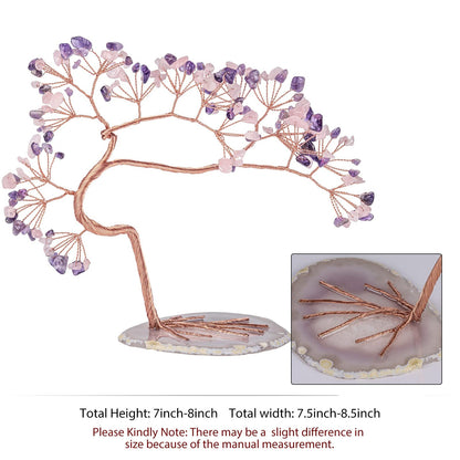 mookaitedecor Natural Amethyst & Rose Quartz Crystal Tree with Agate Slice Base, Feng Shui Money Tree Bonsai Sculpture for Home Office Altar Table Decoration 7-8 Inch
