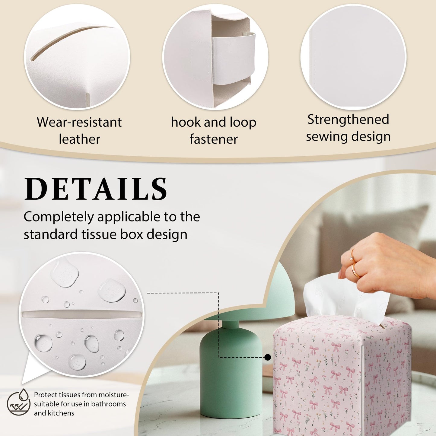 Pink Bows With Ditsy Flowers Tissue Box Cover, Girly Cute Floral Prints Tissue Box Cover Square-Waterproof Leather, Desktop Decor for Kitchen, Bathroom, Nightstand, Office, Gift for Women & Friend-A24